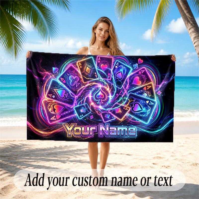 Cards Casino Theme Quick Dry Beach Towel Custom Name Text Print Large Sand Resistant Towel Beach Vacation