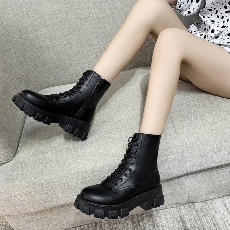 2026 Boots Women  Autumn Winter PU Leather White Ankle Boots Motorcycle Female Chunky Heels Platform Boots