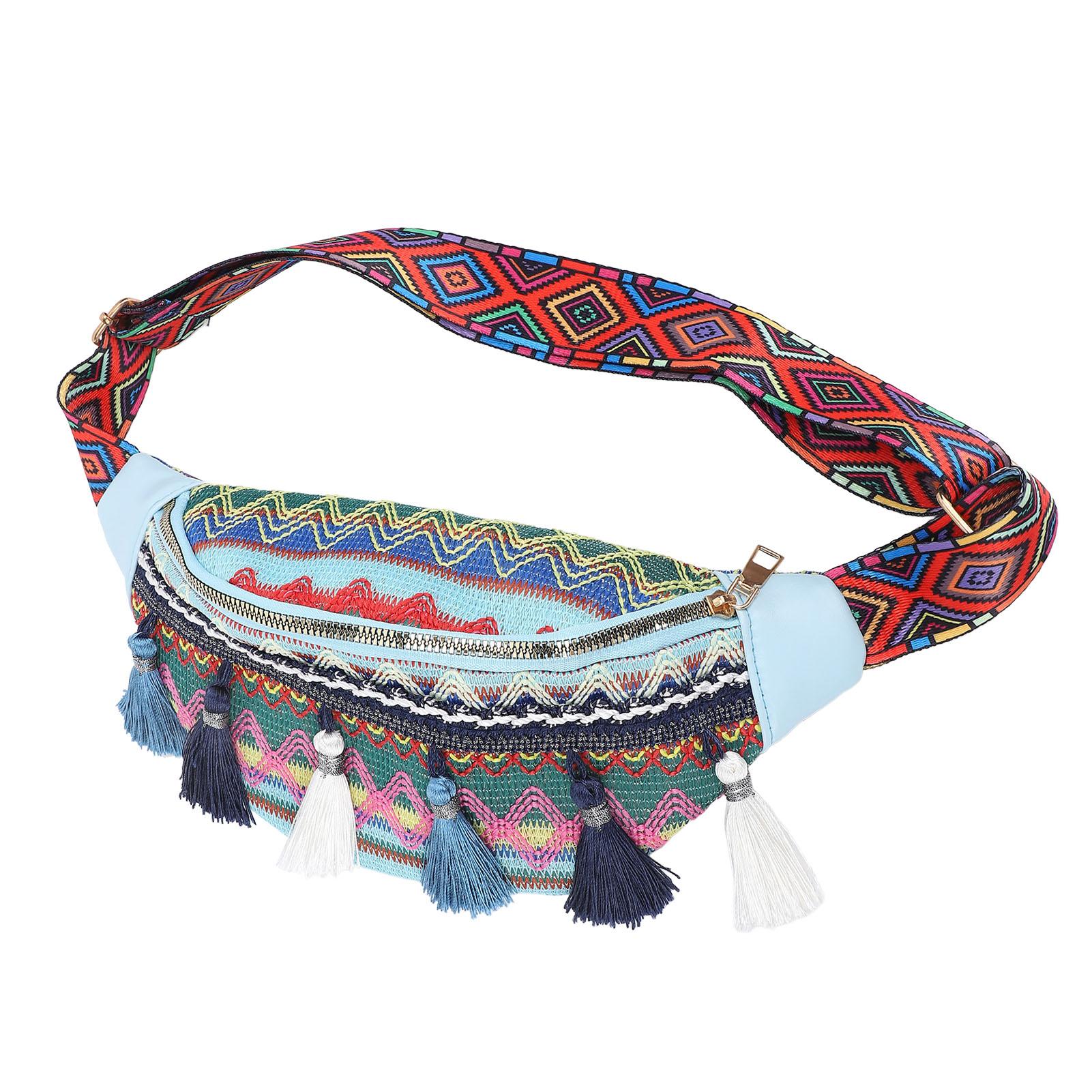 

Поясная сумка из полиэстера в народном стиле с кисточками, большая вместимость, простая стильная нагрудная сумка для ежедневных путешествий синий