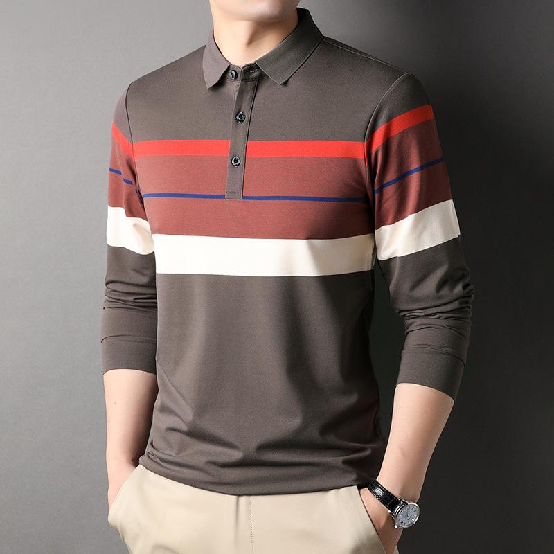 

Осенняя новая мужская футболка с длинными рукавами, модная полосатая деловая повседневная рубашка с лацканами, удобная свободная эластичная футболка для мужчин L