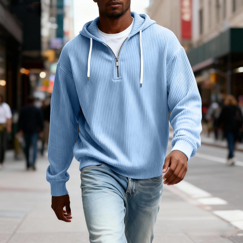 Sudadera con capucha de manga larga con cremallera para hombre, color sólido casual, camiseta de manga larga casual con cremallera para el día a día