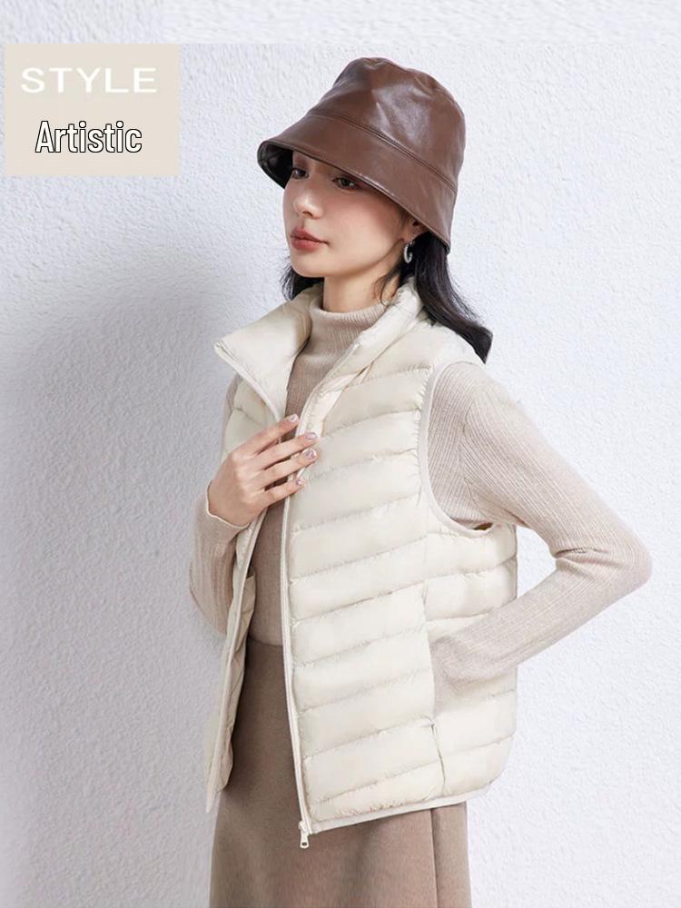 Women's Lightweight White Duck Down Vest: Short Stand-Up Collar Inner Layer for Winter