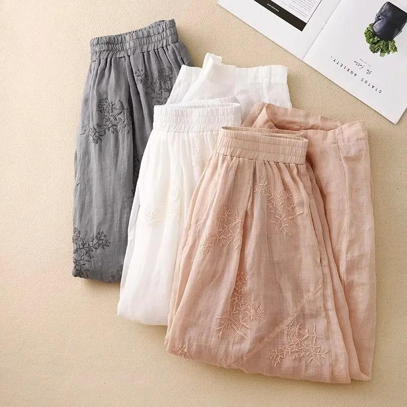 Damen Bestickte Laternenhose Weiß Locker Kurz geschnittene Hose mit Elastischem Bund