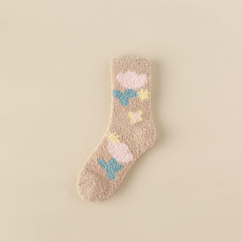 Women Candy Warm Socks Lady Heart Pattern Kawaii Thick Coral Fleece Warm Tulip Flower Winter Cotton Casual Socks Female