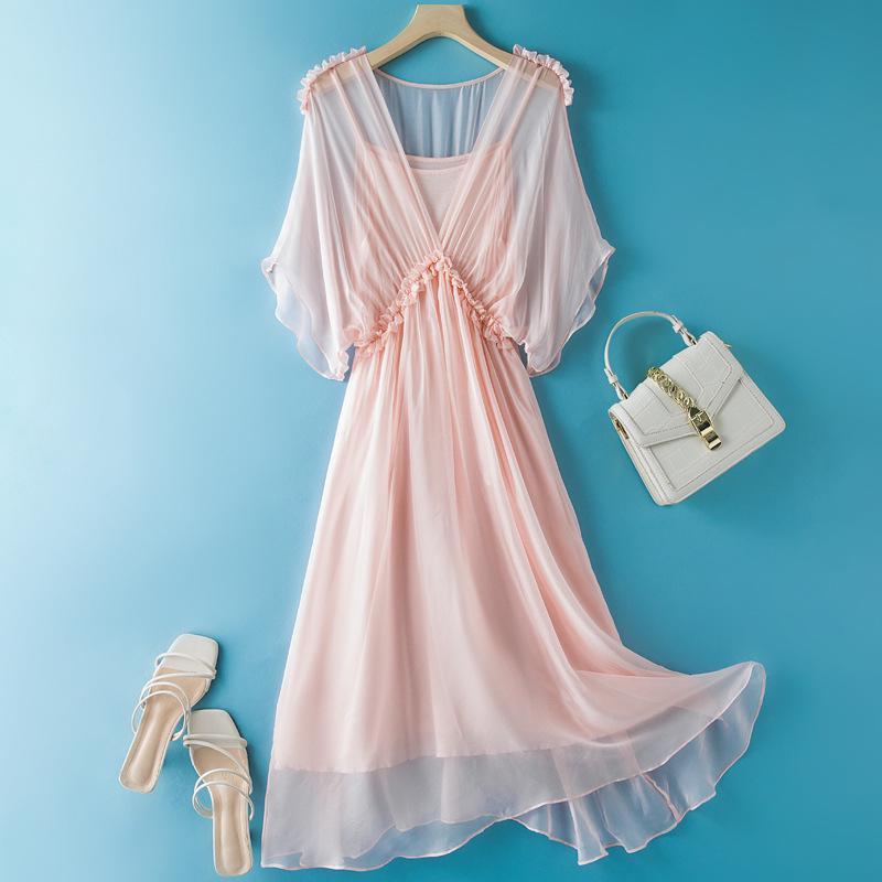 

Женское летнее длинное шелковое платье с оборкой - простое, однотонное Large