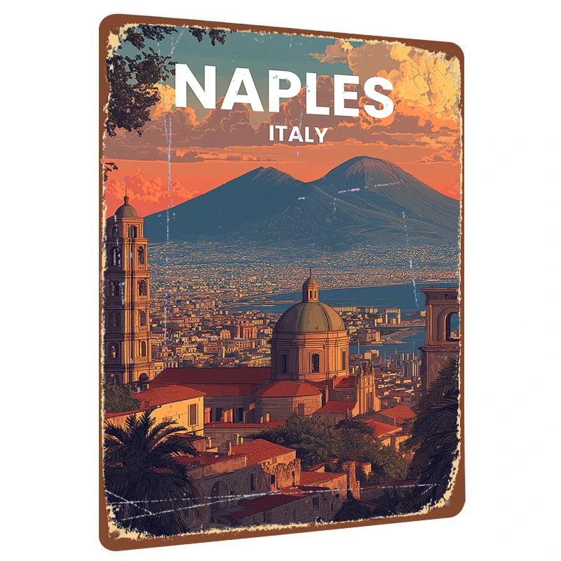 Naples Italy Cityscape Metal Wall Art Vintage Volcano Seaview Home Decorative Painting 20x30cm(7.8x11.8inch)