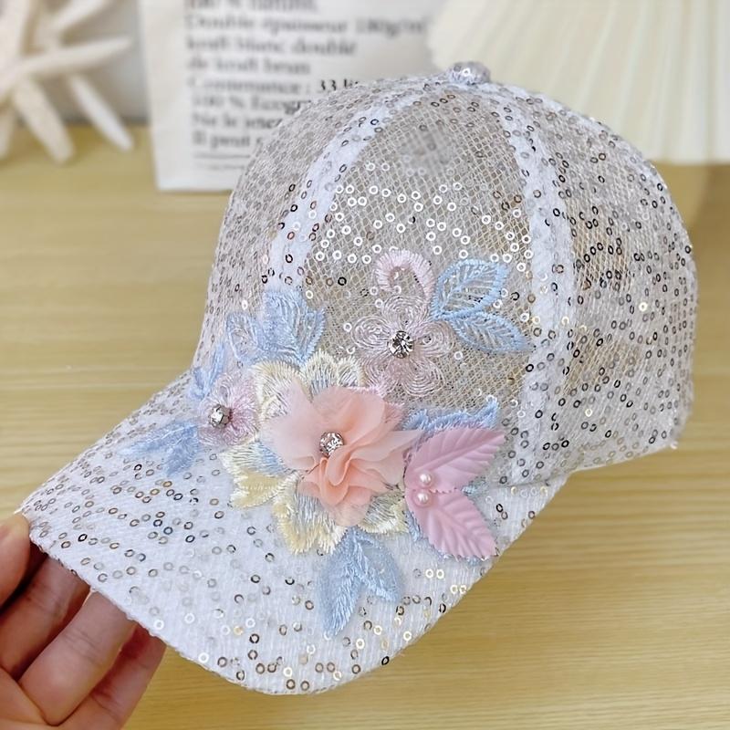 

1pc Lace And Floral Baseball Cap for Women with Adjustable Hook-And-Loop Fastener And Sequins, Suitable for Parties And Outings белый