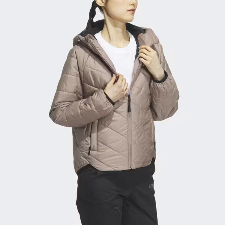 Adidas Lightweight Padded Jacket With Solid Color Logo Long Sleeve Hooded Coat Women Jacket Light-Brown IL9017