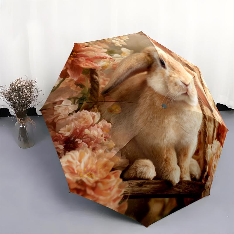 Rabbit and Flower pattern, automatic folding umbrella, portable and foldable design, 8 ribs, a Christmas or birthday gift.