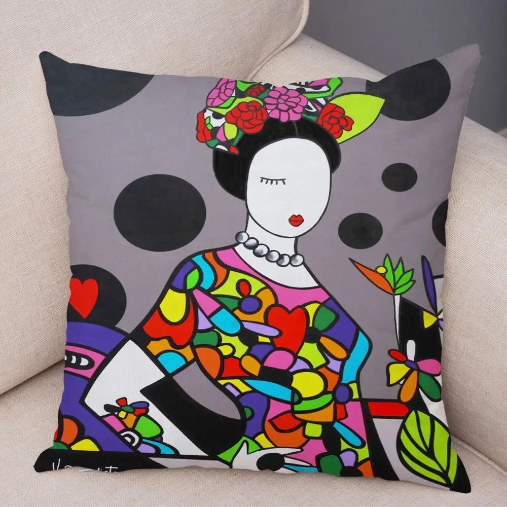 Geometric Cartoon Girl Decorative Pillowcase Living Room Office Ornaments Home Pillowcase