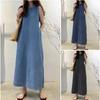 Fashion Long Skirt, Round Neck, No Cuff Pockets, Loose Long Vest, Denim Robe Dress, Women's Denim Skirt with Pockets