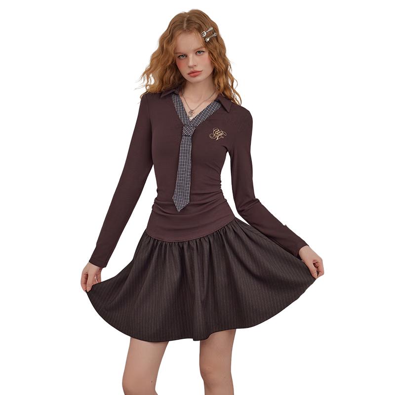 

UNIFREE Faux Two-Piece Long Sleeve Plaid Tie Dress M