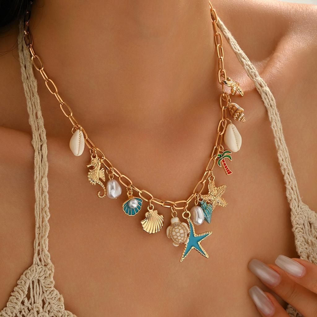 Bohemian Starfish Shell Pendant Necklace for Women Summer Beach Conch Turtle Choker Party Jewelry Gift