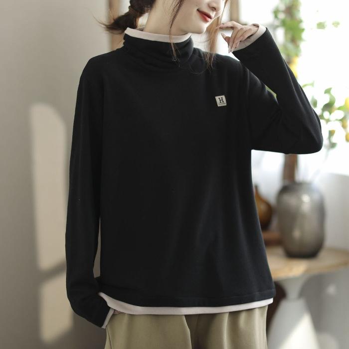 Autumn and Winter New Turtleneck Splicing Bottoming Shirt Women's Fashion Double-sided Thickened Loose Contrasting Top