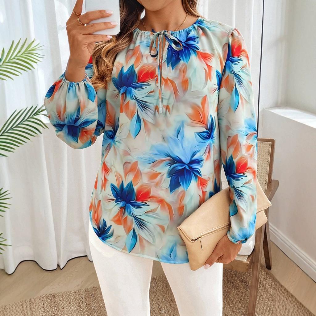 Europe, America Spring and Summer New Flower Printing Casual Loose Long-sleeved Top Women
