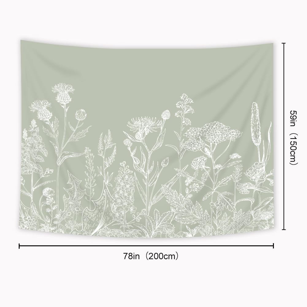 Sage Green Floral Wildflower Tapestry Flowers Plants Botanical Botany Spring Herbs Wall Hanging Natural Watercolor Home Dorm