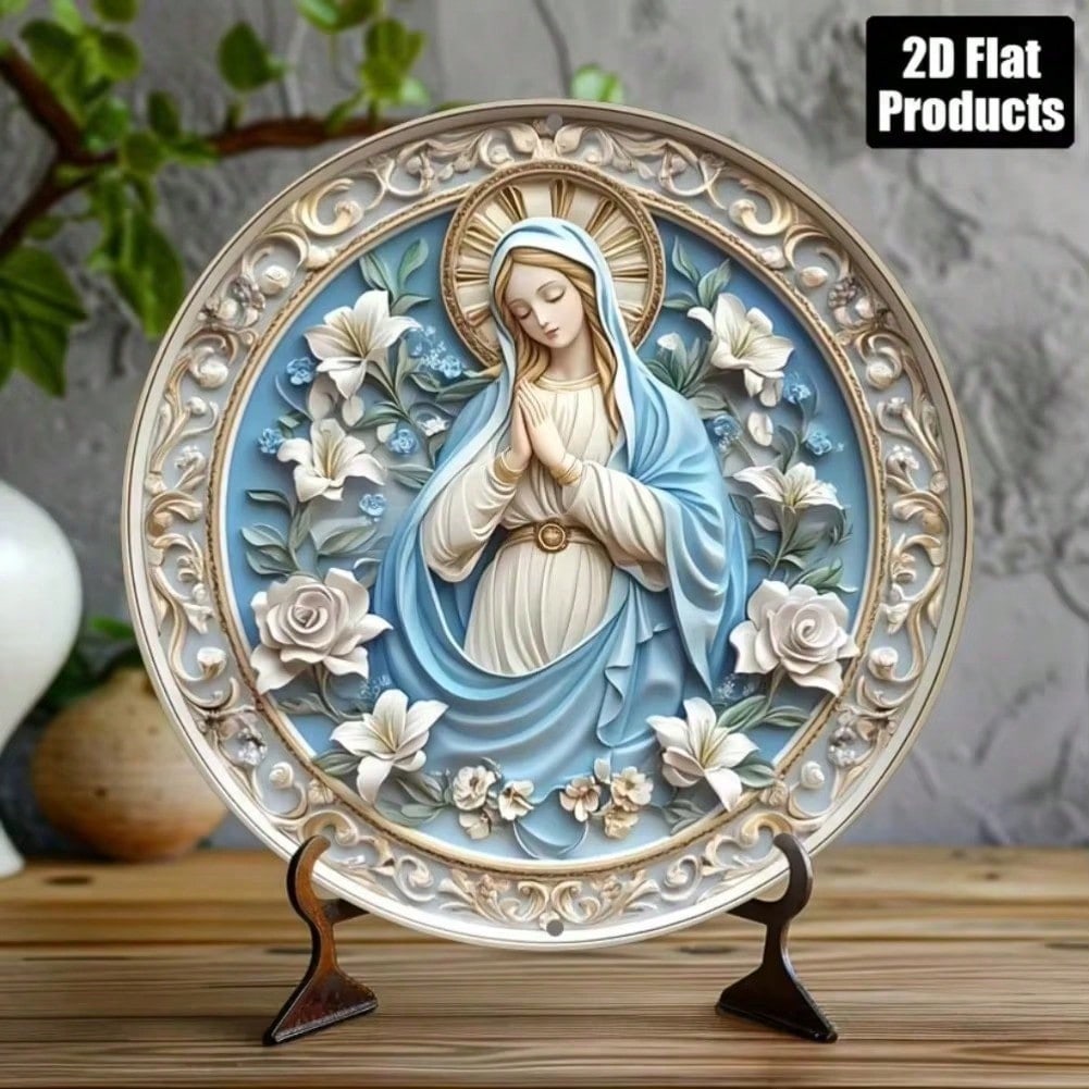 Virgin Mary Round Metal Plaque Wall Art Tin Sign Home Bar Kitchen Cafe Decor Religious Gift
