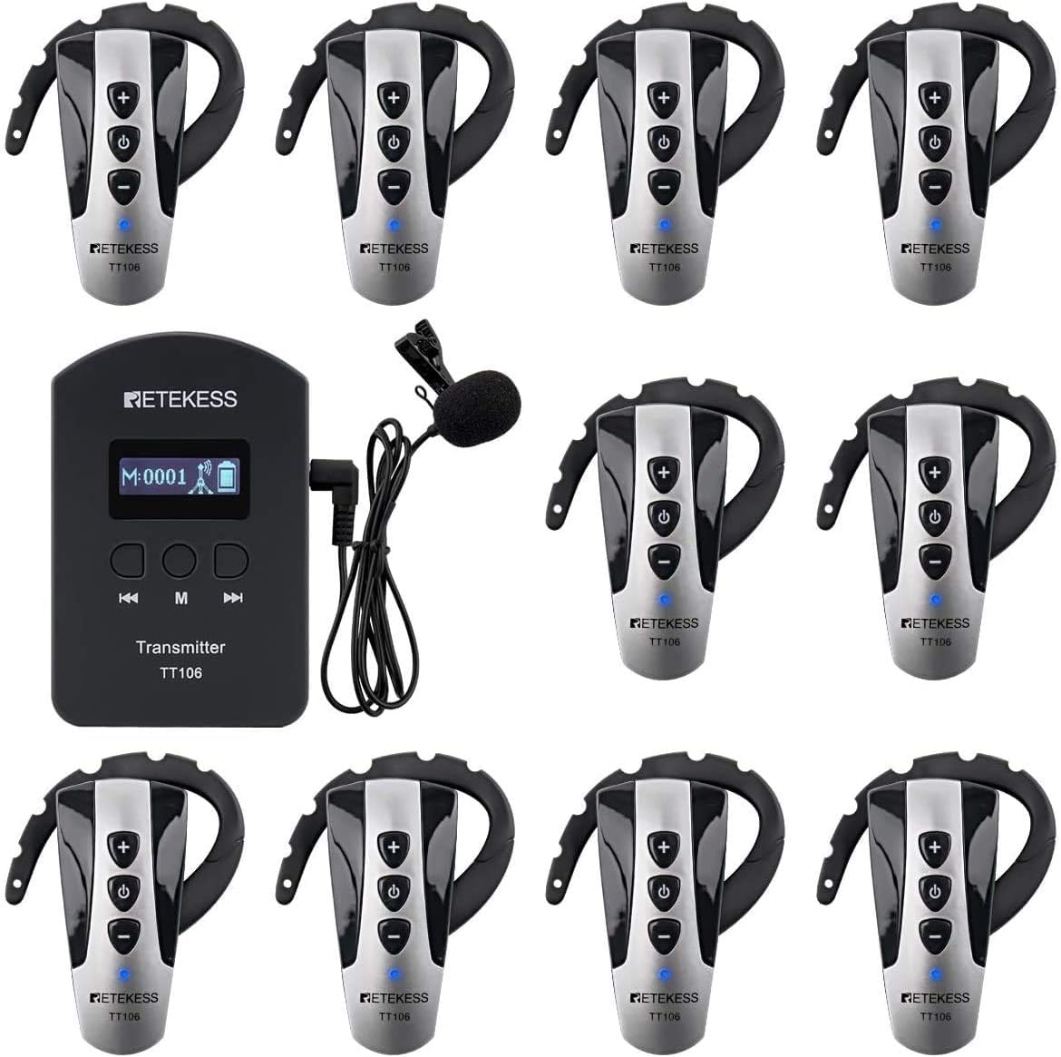 

Retekess TT106 Wireless Guide System with 1 Transmitter and 10 Receivers, Ear-Hook Mini Receiver, and Automatic Pairing for Factory Tours, Company Inf