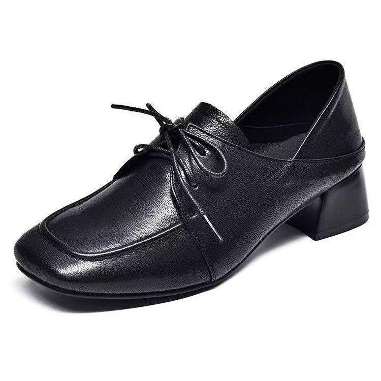 Square head thick heel women's shoes work shoes 2025 spring new single shoes lace-up versatile comfortable deep mouth loafers