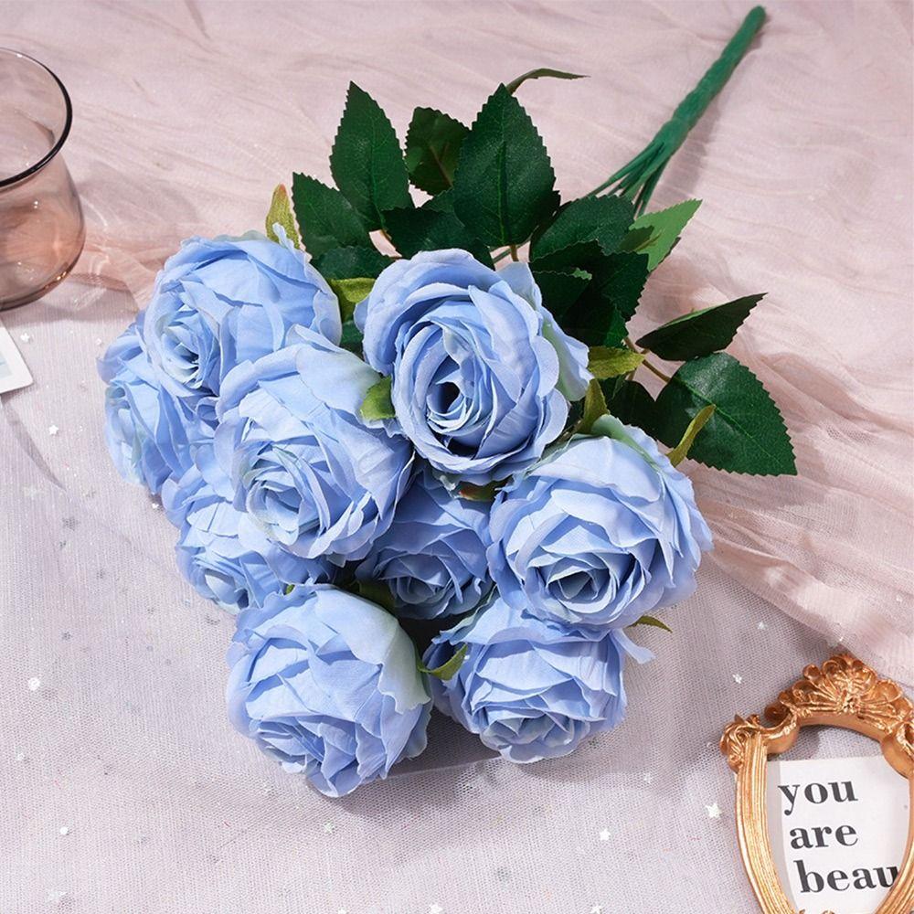Multicolor Rose Artificial Flower 9 Heads Silk Petal Faux Rose Green Leaves Desktop Ornament Flower Bouquet Home Decoration