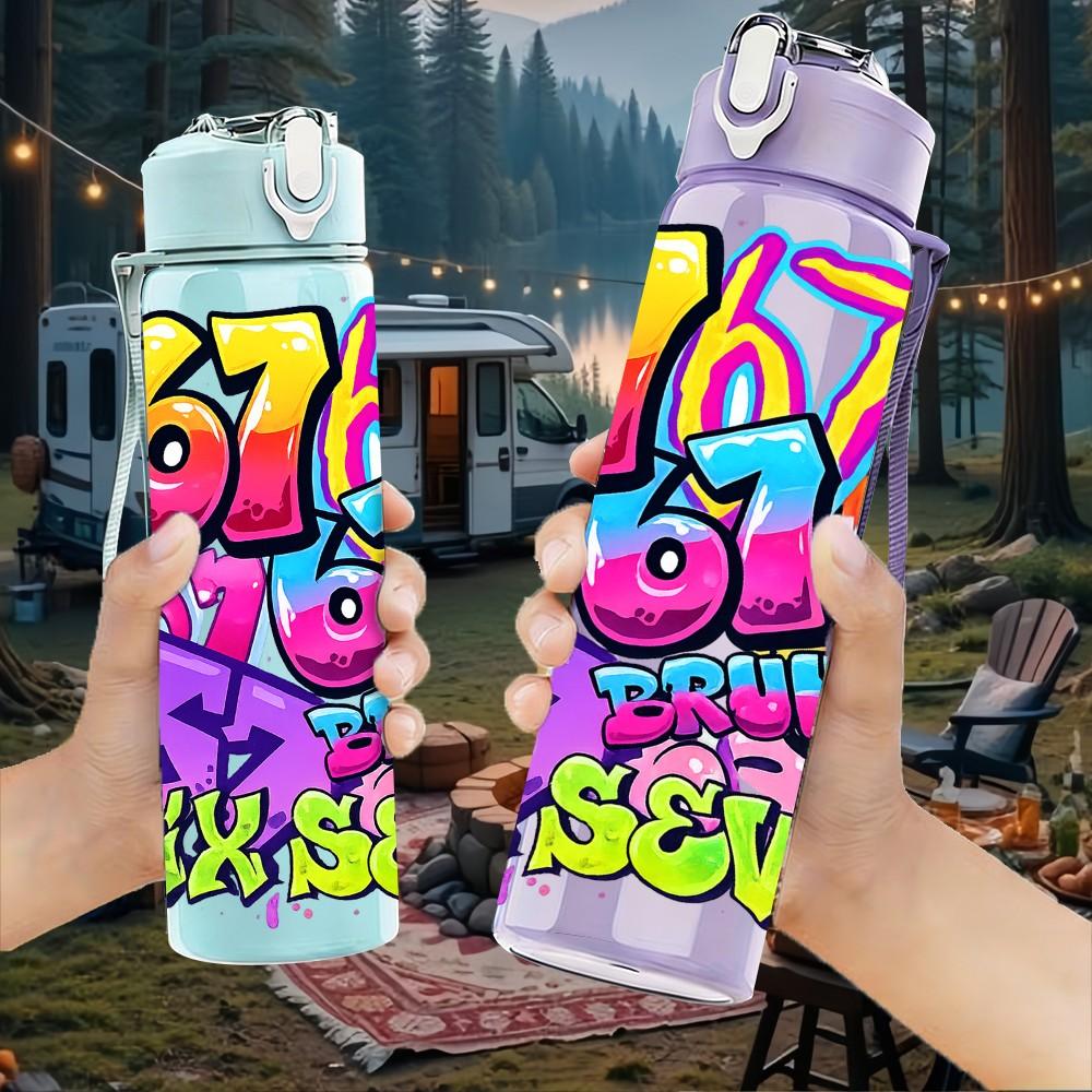 1PC 67 Colorful Psychedelic Graffiti Print 750ml Color Plastic Sports Water Bottle Leakproof Flip Straw Lid Suitable for Sports Office Home Use