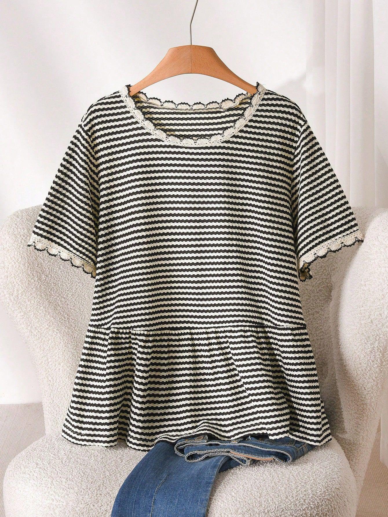 In-Stock Plus Size European & American Summer Casual Women s Round Neck Lace Top 2XL