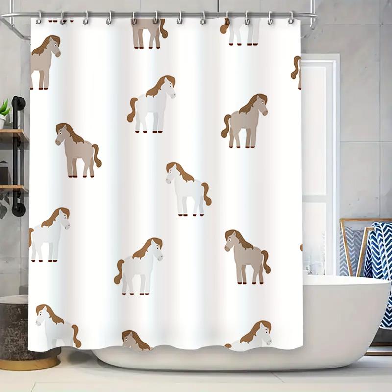 

Animal Print Shower Curtain: Horse Design for Bathroom Decor Waterproof Fabric with Hooks Included (White, Brown Horses) 90x180cm