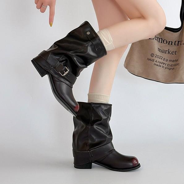 Fashion belt buckle pleated loose stacking boots autumn and winter design sense retro thick heel locomotive women's fashion boots short boots