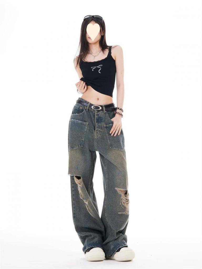 2025 American Retro Autumn Ripped Jeans for Men and Women - Trendy High-End Design with Reversible Wear.