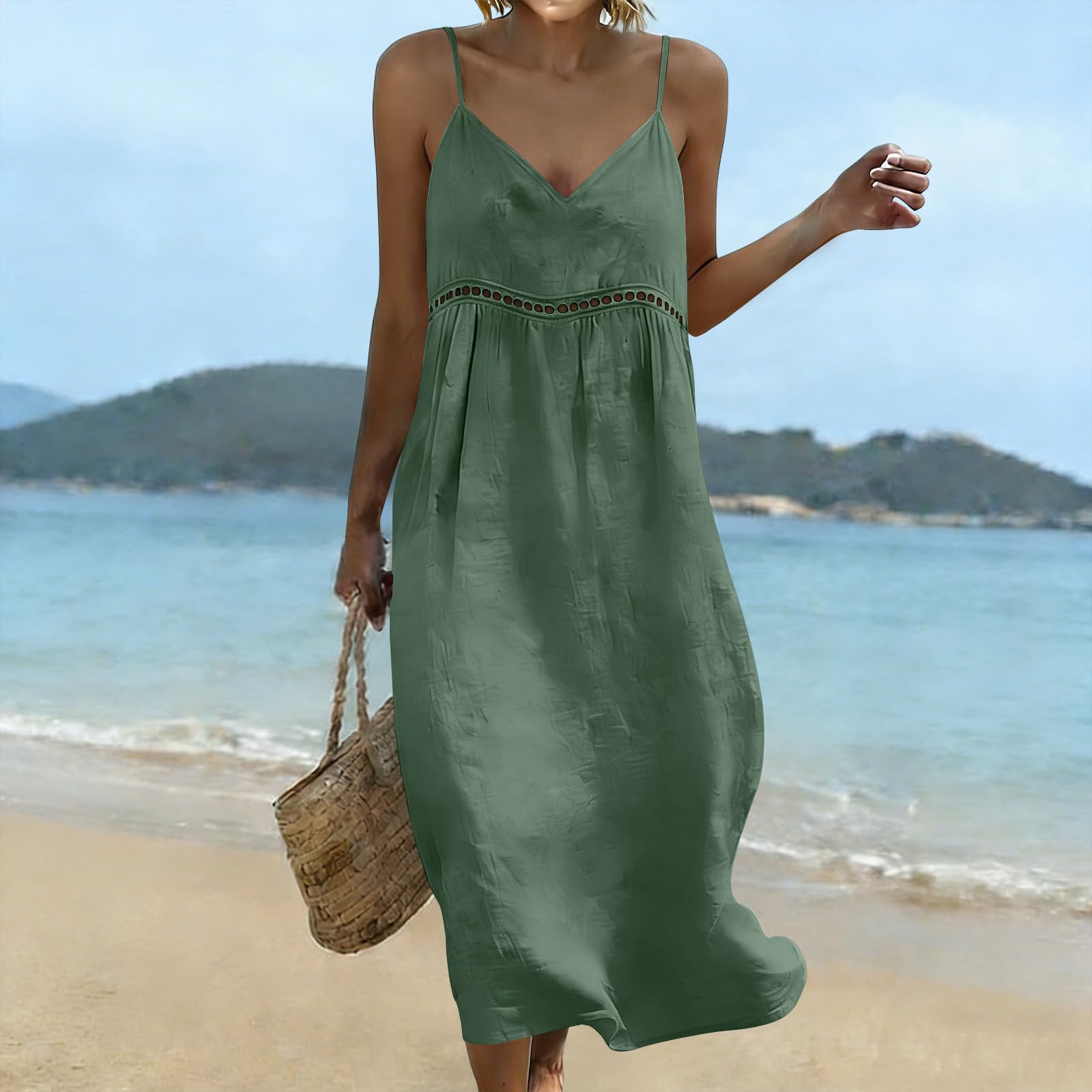 Women s Casual And Fashionable Slim Shoulder Strap Sleeveless V-neck Hollowed Out Loose Dress L