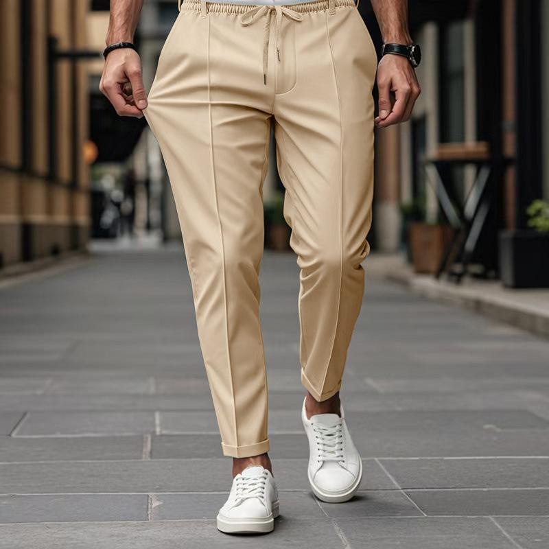

Spring Autumn Men s Solid Color Simple Business Slim Small Foot Casual Pants S хаки