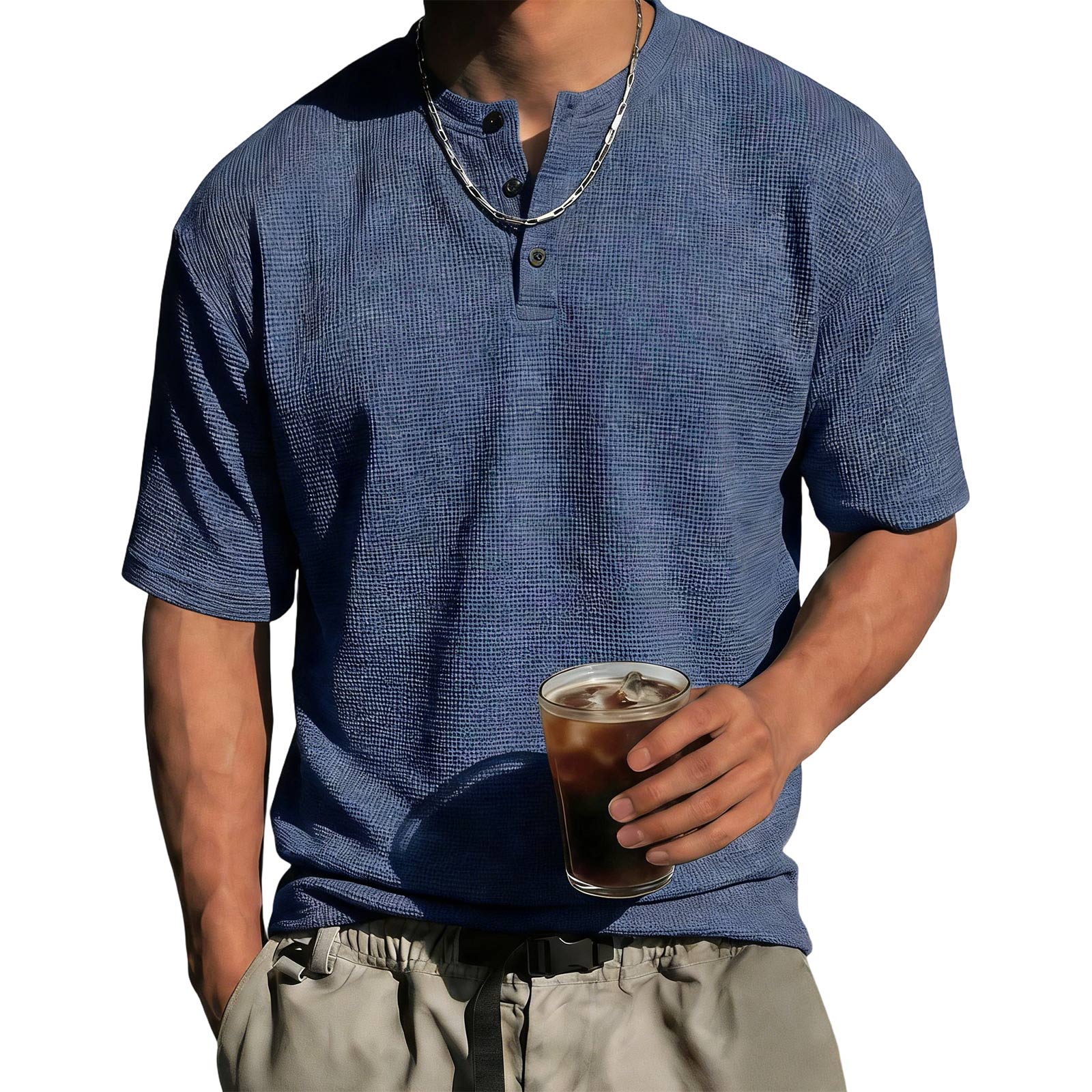 Men s Button-Down Collar Short Sleeve Top Men s Casual Fashion Sports Short Sleeve Top M тёмно-синий