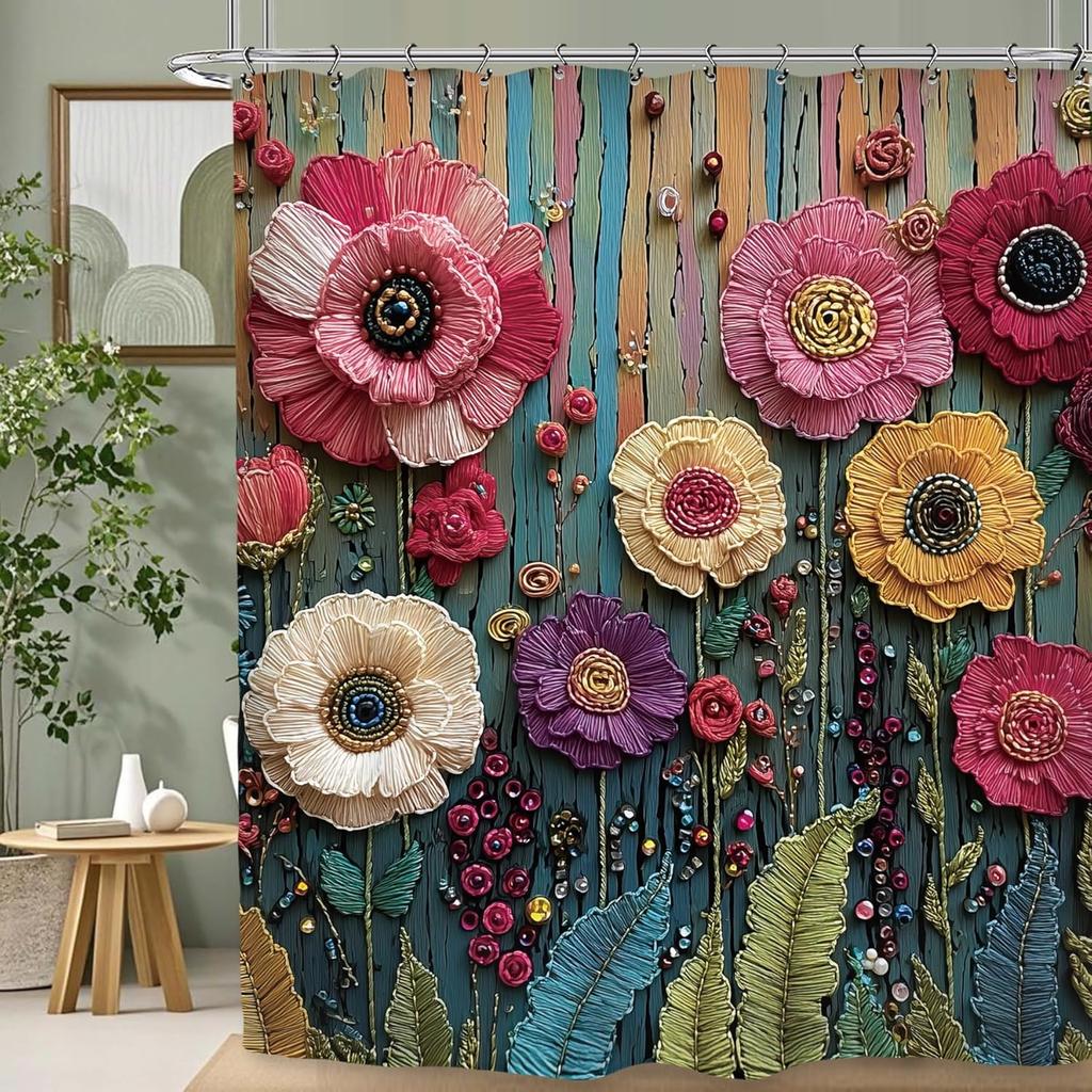 2D Embroidered Flower Shower Curtain 72X72 Inches Colorful Wooden Style Bathroom Decor Artistic Design