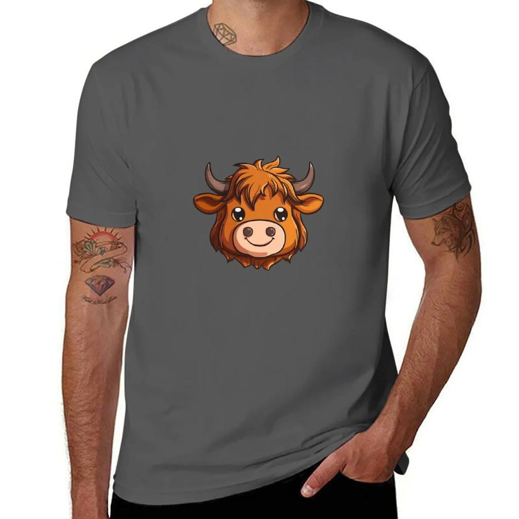 Kawaii Highland Cow Head TShirt Tops New Edition Kawaii Clothes Customs T Shirts for Men Cotton