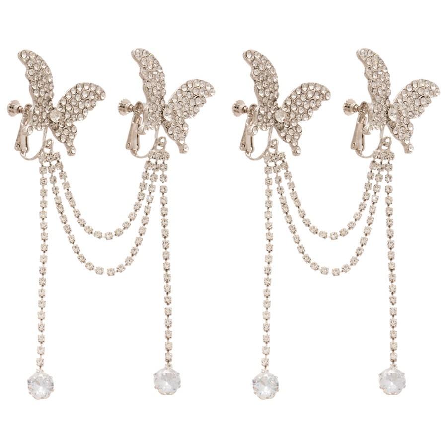 Light Luxury High-End Butterfly Ear Clip, Asymmetric Tassel Design With Diamond Inlay, Exaggerated Ear Bone Clip Earrings For Women Without Ear Holes