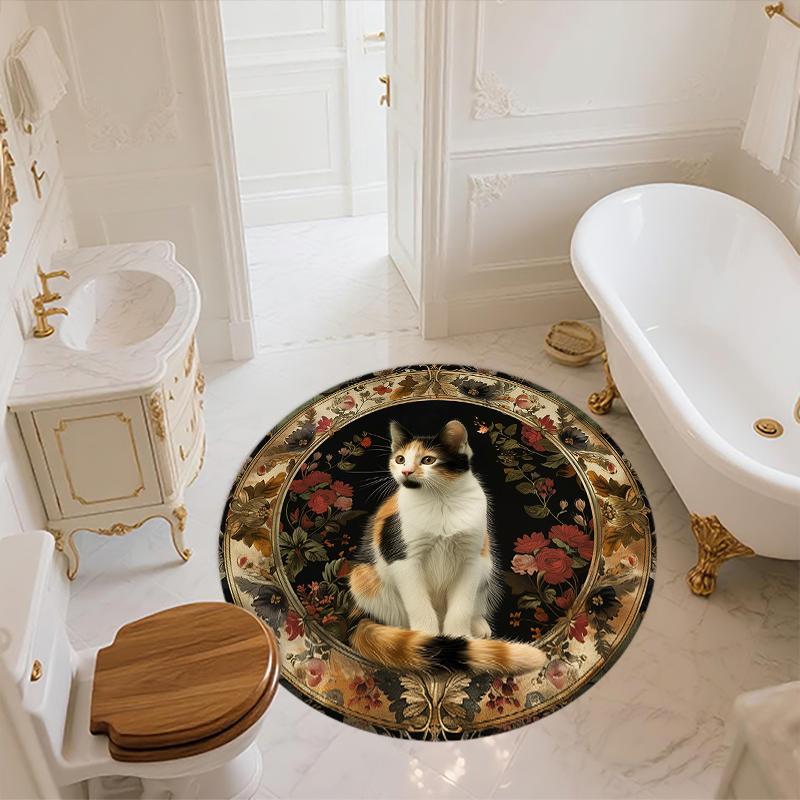 Cat and Vintage Flowers pattern round rug,Carpet Rug for Living Room Bedroom Sofa Playroom Decor,Non-slip Floor Mat,Holiday Gifts and Birthday Gifts.