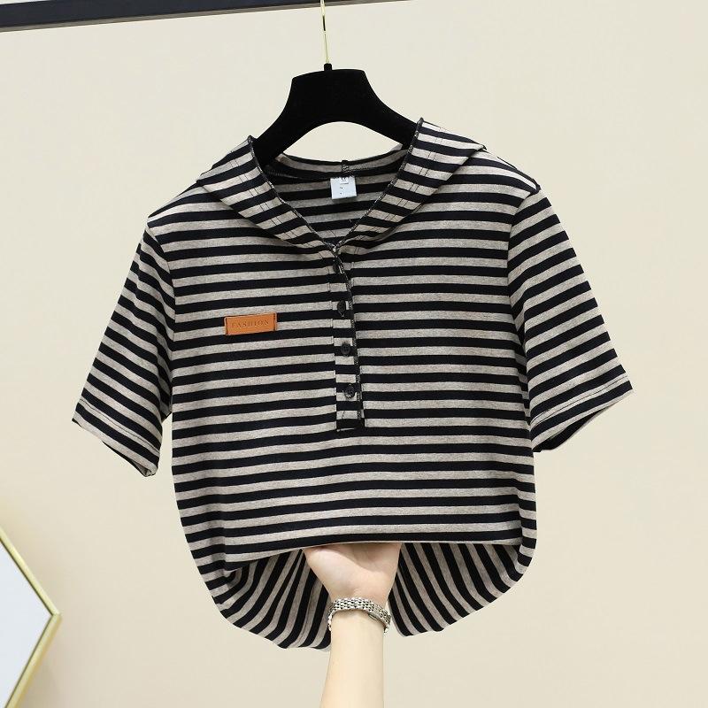 

Comfortable commuter short-sleeved striped women s top New large size loose hooded casual T-shirt in summer M чорний