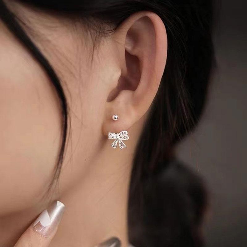 Vintage Silver Color Lace Heart Hollow Bow Screw Buckle Puncture Stud Earrings for Women Fine Jewelry Minimalist Accessories