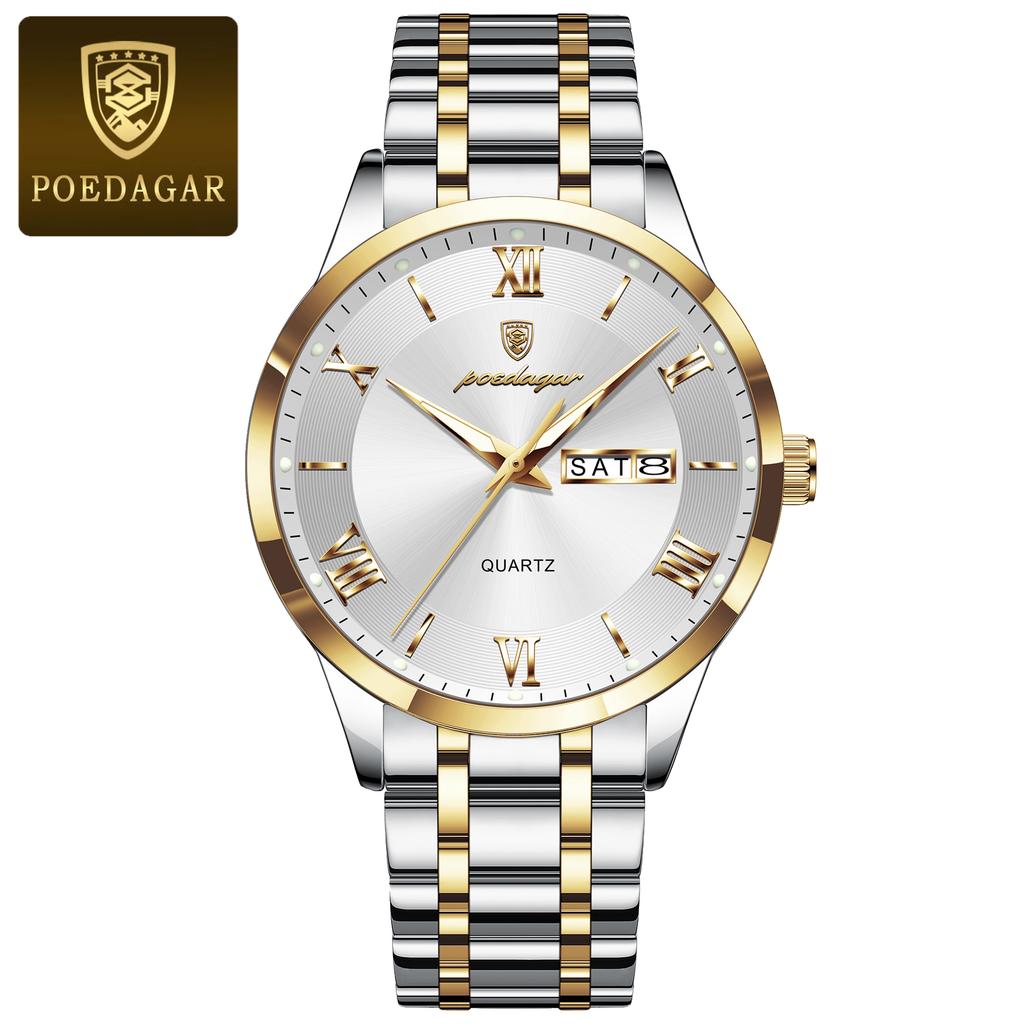POEDAGAR Luxury Fashion Men Clock Waterproof Luminous Week Date Sports Wristwatch Stainless Steel Quartz Watches Reloj