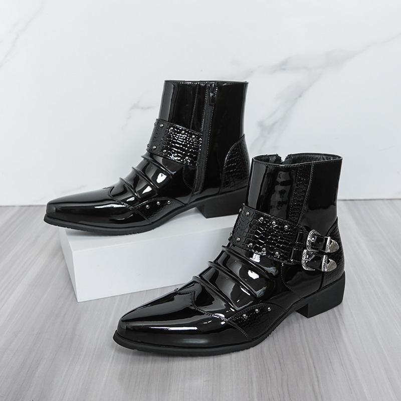 Designer New Men Pointed Toe Punk Rock Belt Buckle Leather Casual Chelsea Ankle Boot Winter High Top Monk Strap Hip-hop Shoes