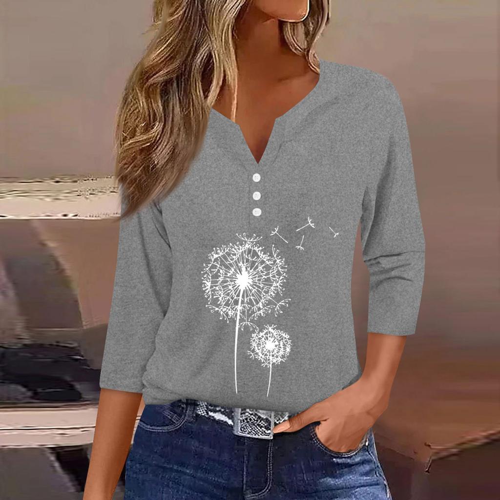Women's T Shirt Tee Print Button  3/4 SleeveDaily Weekend Fashion Basic V- Neck Regular Top