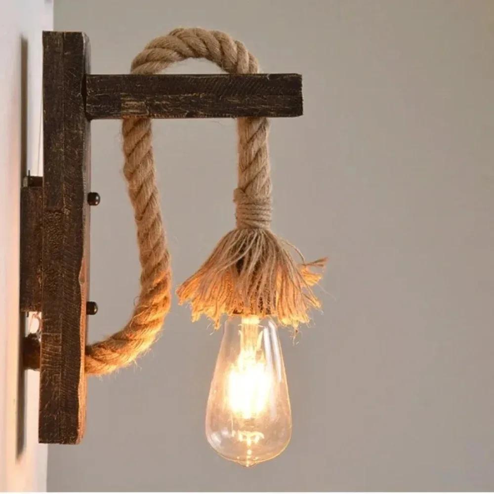 Retro Natural Wood Hemp Rope Wall Light Retro Industrial Wall Pendant Lamp for Bar Bedside Restaurant Bedroom Coffee American