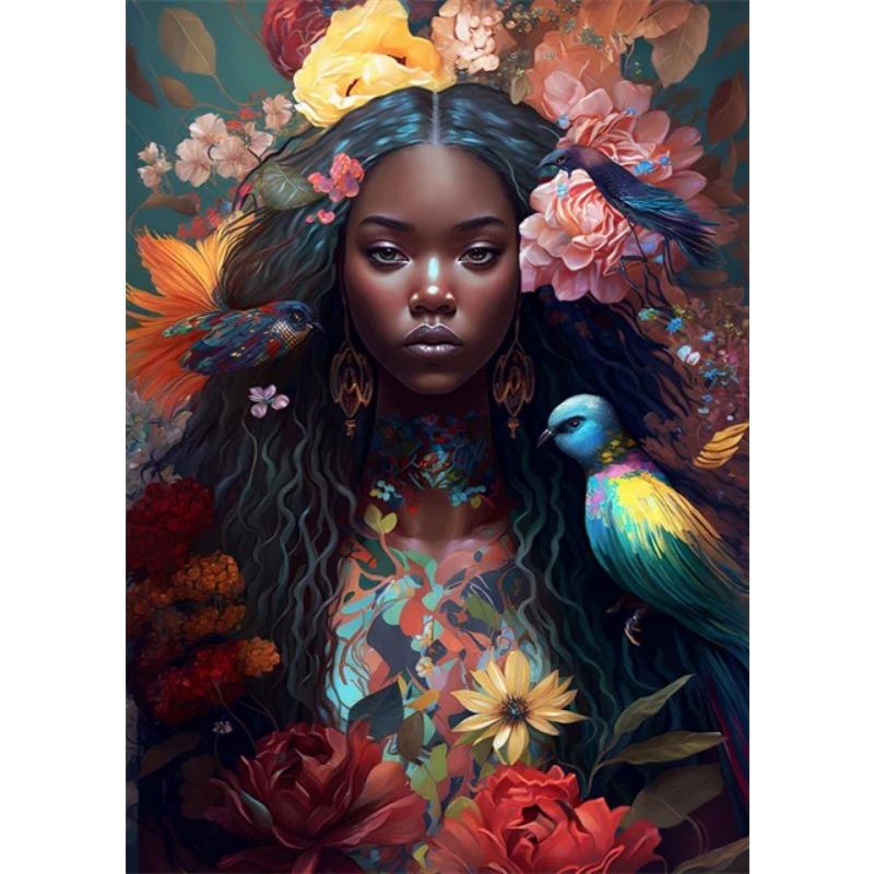Afro Girl with Flowers Wall Art Pictrues African Beauties Flowers Fashion Canvas Painting Prints Posters for Living Room Decor