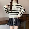 Pullover mit halbem Reißverschluss und Revers, gestreift, Damen Herbst- und Winterbekleidung, dünn, locker, College-Stil, farblich passend, kurz, Strickpullover