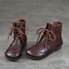 Johnature Genuine Leather Round Toe Flat Short Boots Soft Soled Lace Up Women's Shoes