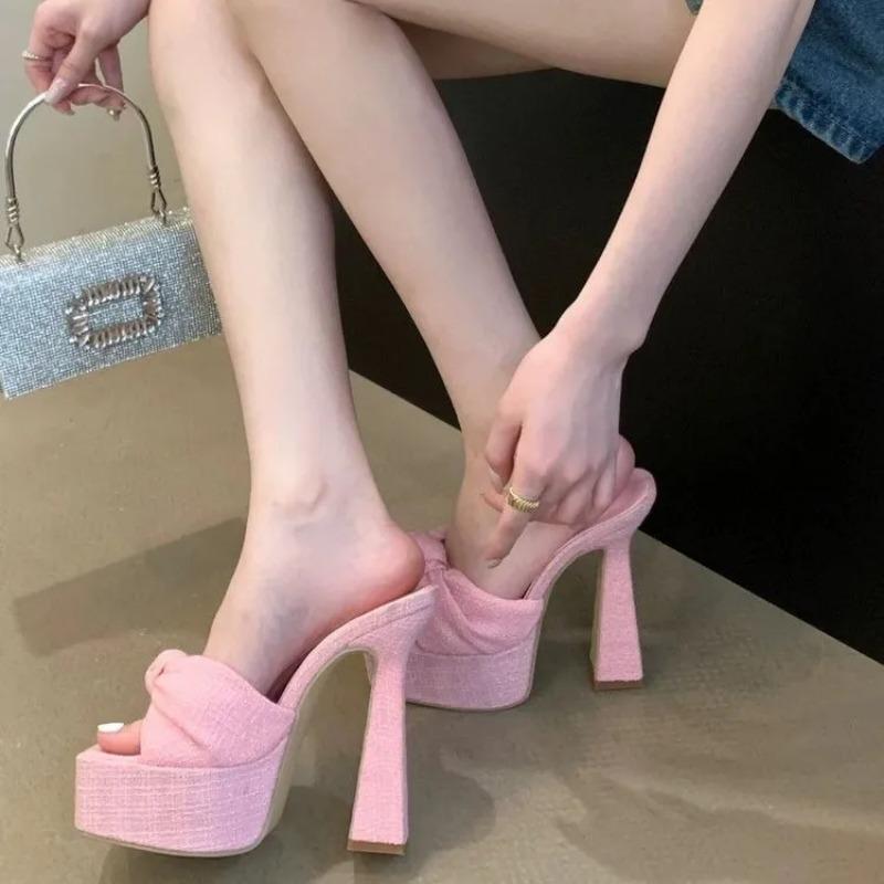 New Chunky Platform Woman Slippers Butterfly-knot Open Toe Wedding Banquet Sandals Extreme High Heels Slide Shoes