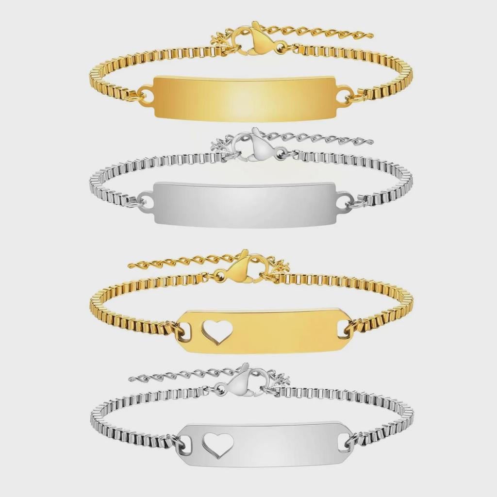 Engravable Gold Curved Box Chain Stainless Steel Women's & Children's Bracelet - BR-1540