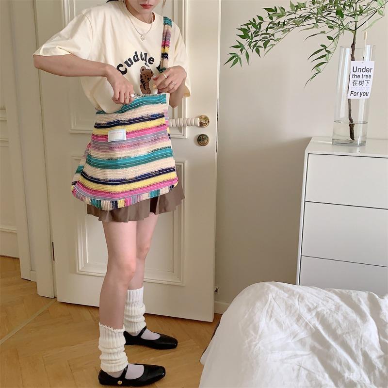 1 bag women's new wool knitted handbag contrasting color rainbow striped underarm shoulder woven bag