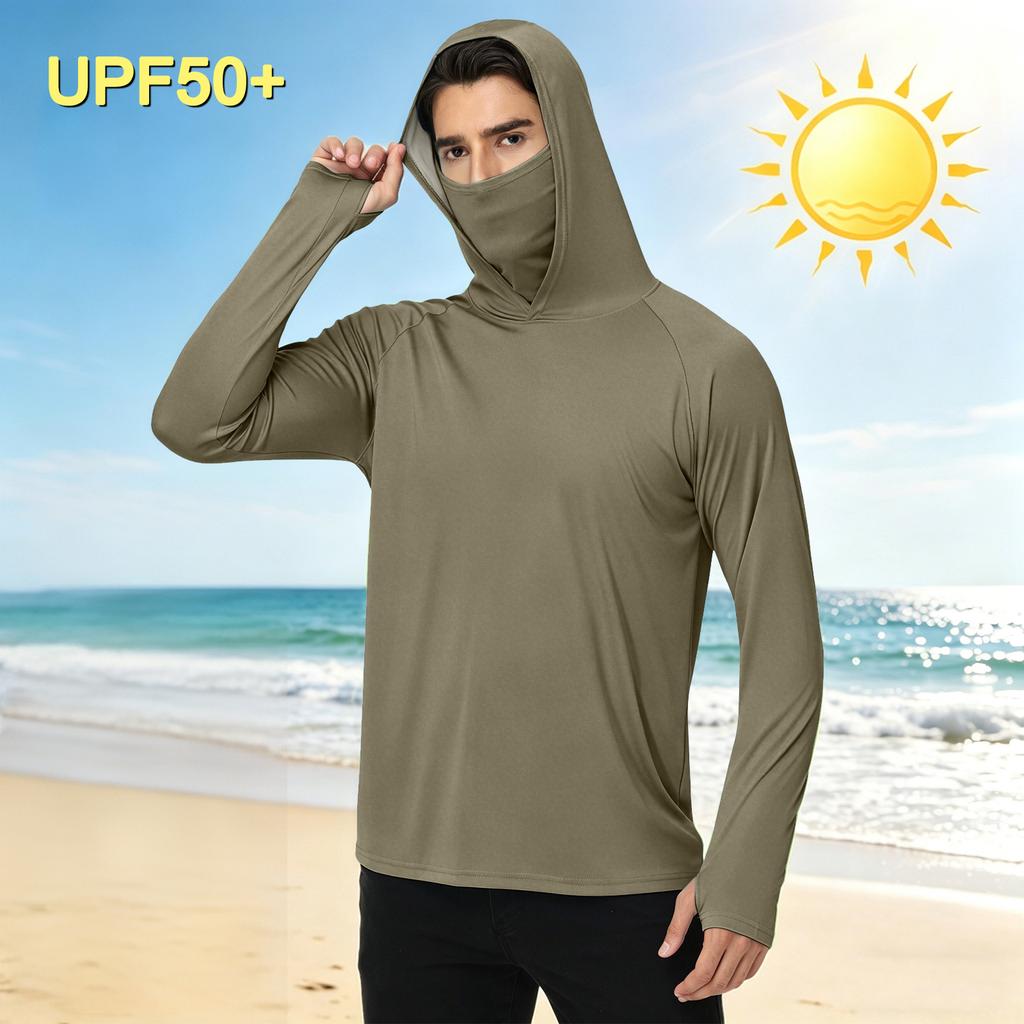 Men's Casual Outdoor Hooded Long Sleeve Sun Protection Shirt Lightweight Breathable Quick Dry UV Resistant Top for Sports Hiking