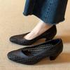Fashion Retro Hollow Woven Low Heel Pumps Women Elegant Square Toe Thick Bottom High Heels Concise Comfortable Commuting Office Shoes